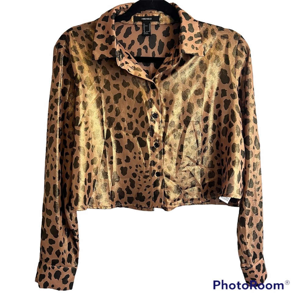 Forever 21 Sheer Gold Shimmer Leopard Crop Top Size Medium